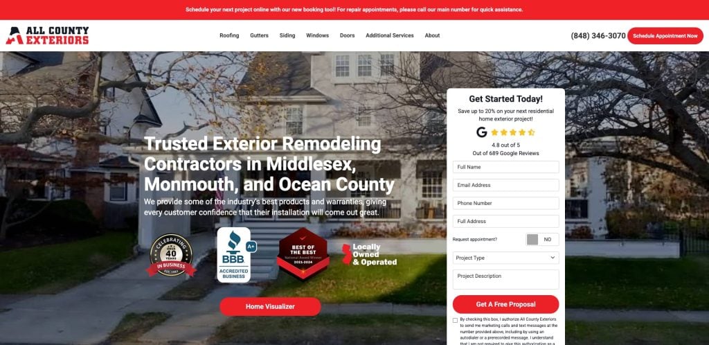 Screenshot of a home exterior remodeling website. The banner reads, Trusted Exterior Remodeling Contractors in Middlesex, Monmouth, and Ocean County. Theres a contact form on the right and a red menu bar at the top.