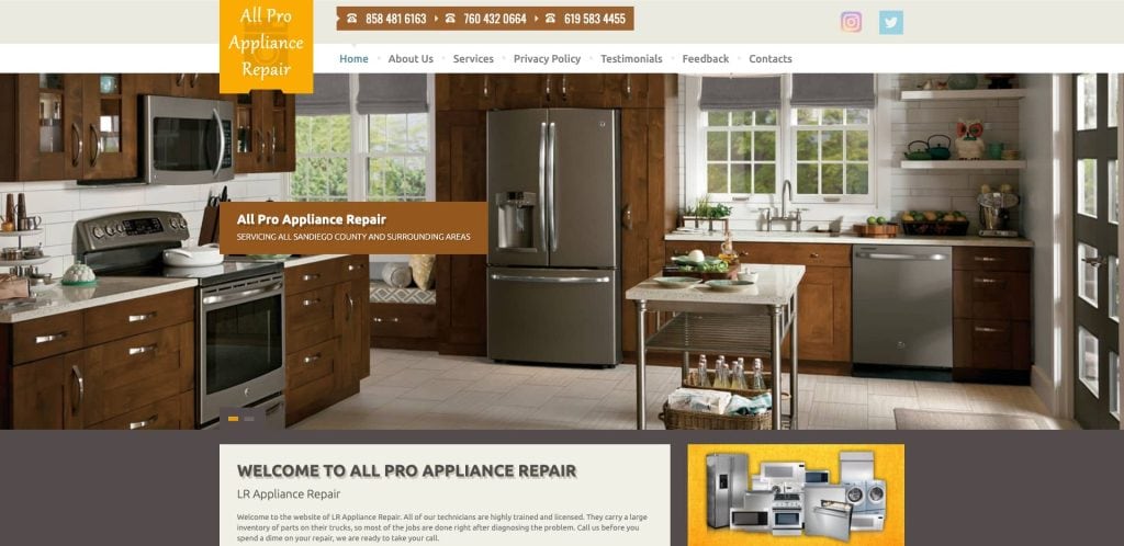 A modern kitchen with stainless steel appliances, wooden cabinets, and a large window. A website banner for All Pro Appliance Repair is overlaid with contact information and navigation menu at the top.