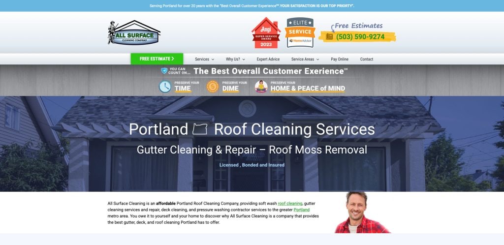 Screenshot of a website for All Surface Cleaning, offering roof and gutter cleaning services in Portland. The header features contact info, service awards, and a smiling man’s photo in the lower section.