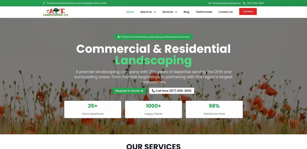 Screenshot of a landscaping company’s homepage featuring a banner with “Commercial & Residential Landscaping,” a request a quote button, and service highlights: 25+ years experience, 1000+ clients, 98% satisfaction rate.