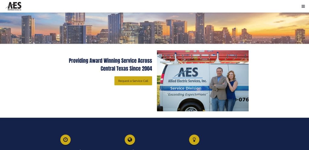 Screenshot of AES Allied Electric Services website showing a city skyline, a banner stating Providing Award Winning Service Across Central Texas Since 2004, and two people standing by an AES service van.