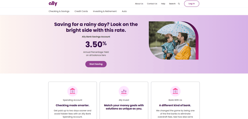 A website homepage for Ally Bank displays a 3.50% APY savings account offer. A woman holds an umbrella with a child. Below are sections for checking, savings, account benefits, and features.
