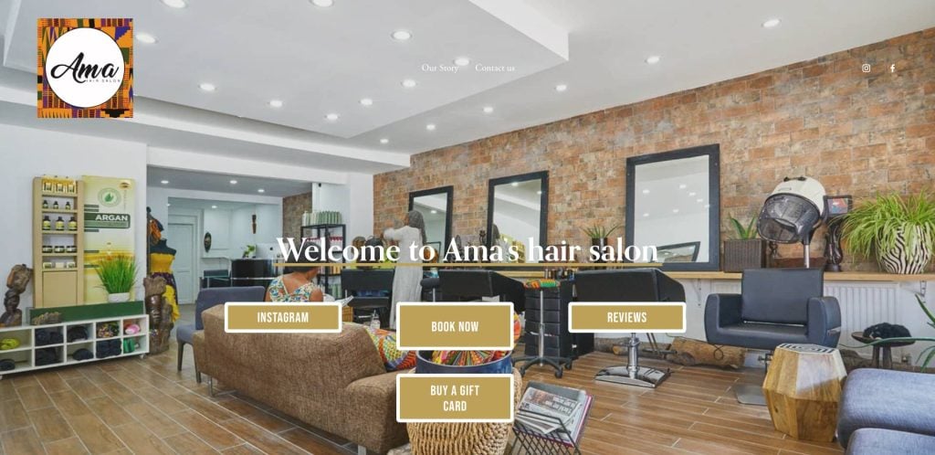 Bright, modern hair salon with wooden floors, brick accent wall, salon chairs, mirrors, and hairdressing equipment. Text overlay welcomes visitors to Ama’s hair salon with buttons for Instagram, booking, reviews, and gift cards.