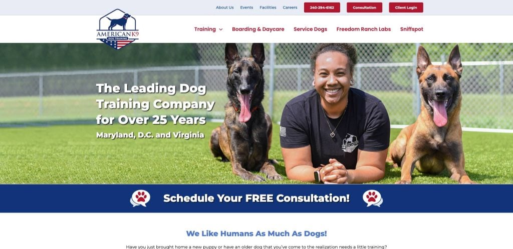 A smiling woman kneels on grass beside two German Shepherds, all facing the camera. Text over the image reads, The Leading Dog Training Company for Over 25 Years. Maryland, D.C. and Virginia. Schedule Your FREE Consultation!.