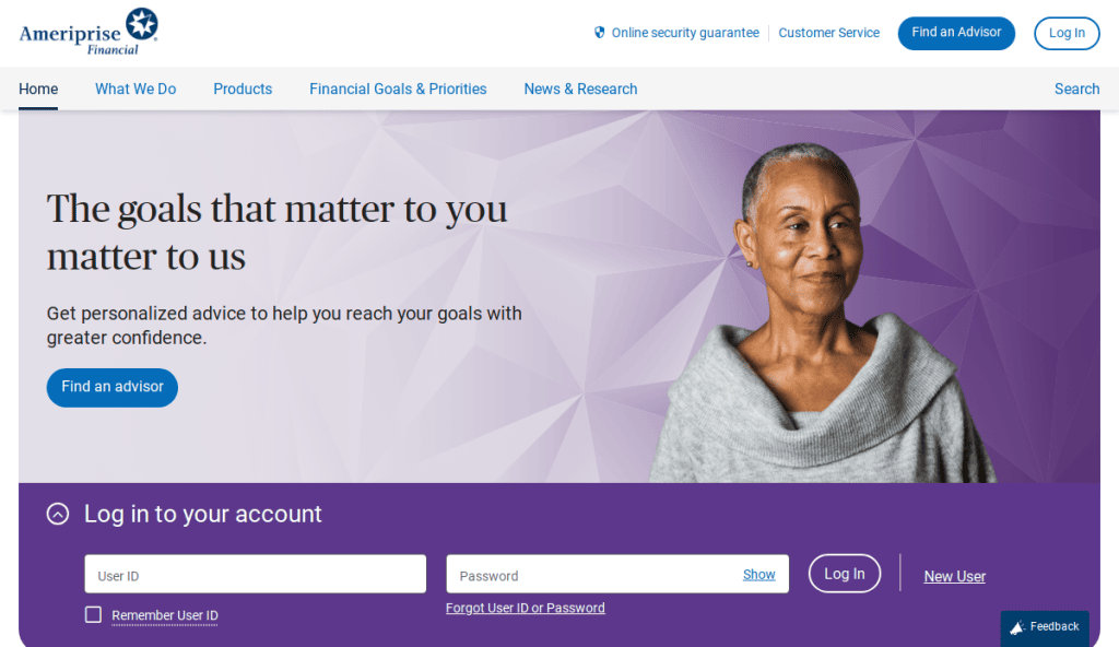 Screenshot of the Ameriprise Financial login page, featuring a smiling older woman with short gray hair and a gray shawl, the tagline, “The goals that matter to you matter to us,” and account login fields.
