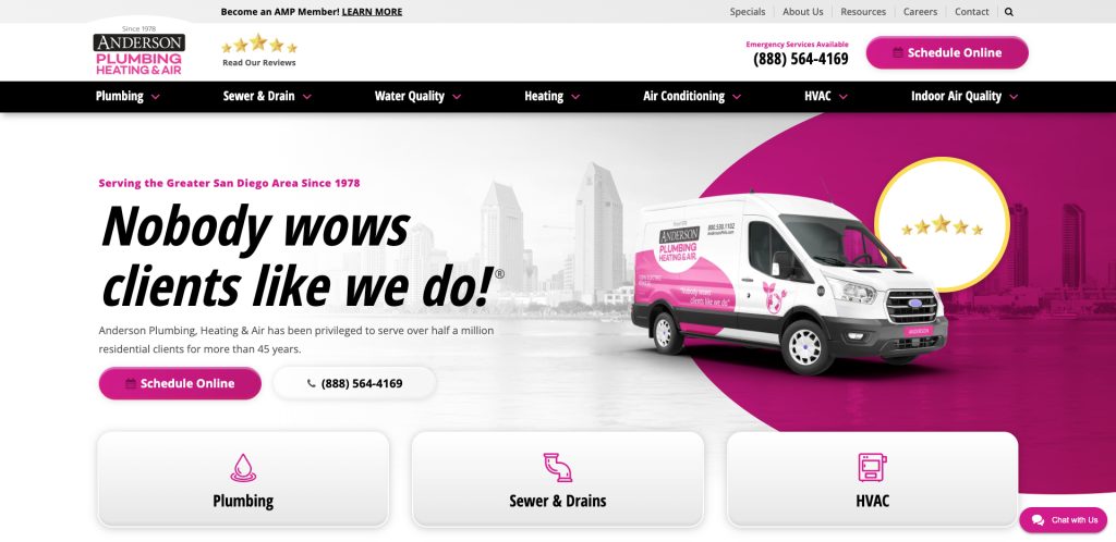Homepage of Anderson Plumbing, Heating & Air featuring a pink and white service van, city skyline background, and text: Nobody wows clients like we do! with service buttons for Plumbing, Sewer & Drains, and HVAC.