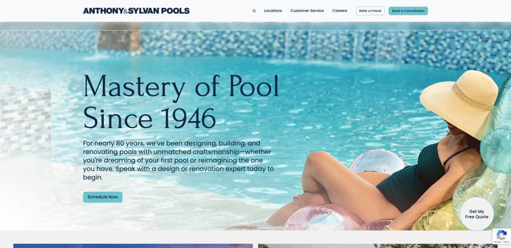 A woman in a sunhat relaxes by a pool with colorful floats. The text reads: “Mastery of Pool Since 1946,” highlighting Anthony & Sylvan Pools’ decades of pool design and renovation experience. Buttons offer scheduling and quotes.