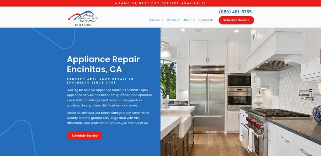 Website for Apex Appliance Service showing a modern kitchen with white cabinets, stainless steel appliances, and contact info for appliance repair in Encinitas, CA, including a phone number and “Schedule Service” buttons.
