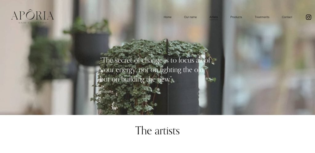 Website homepage showing the Apória Hair Collective logo, navigation menu, and a quote about change over a blurred background with green potted plants. The section below is titled The artists.