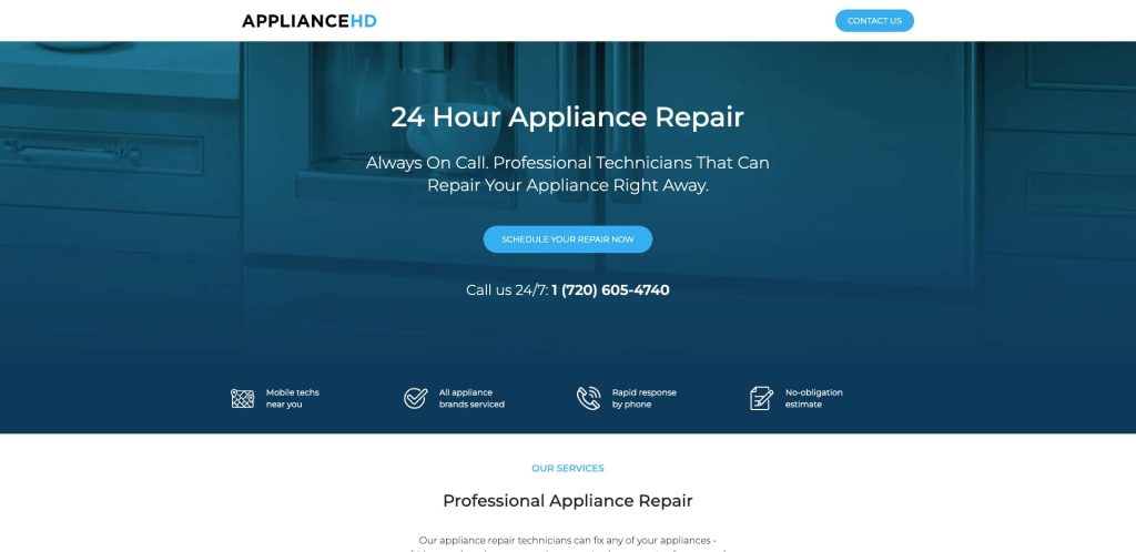 A website homepage for ApplianceHD advertising 24 hour appliance repair, with a blue overlay, a call-to-action button, contact number, service icons, and navigation buttons at the top.