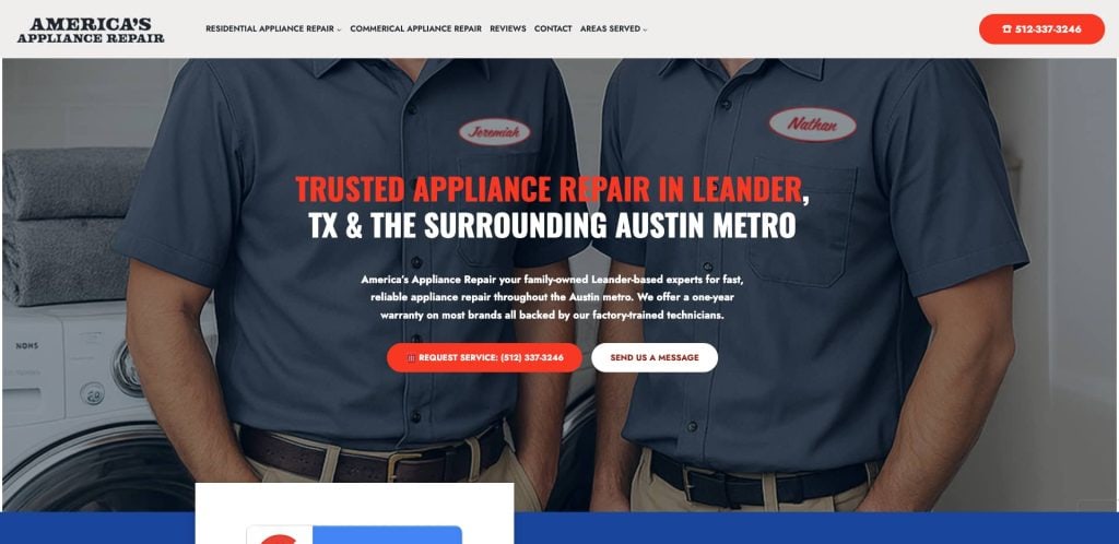 Two appliance repair technicians in uniform stand side by side in front of a repair van. The website advertises trusted appliance repair services in Leander, TX, and the Austin metro area, with contact options visible.