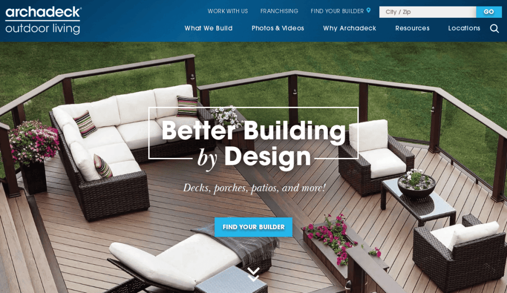 A stylish outdoor deck with cushioned seating, a coffee table, and potted plants. Website header reads archadeck outdoor living with navigation menu and search bar. Central text: Better Building by Design.