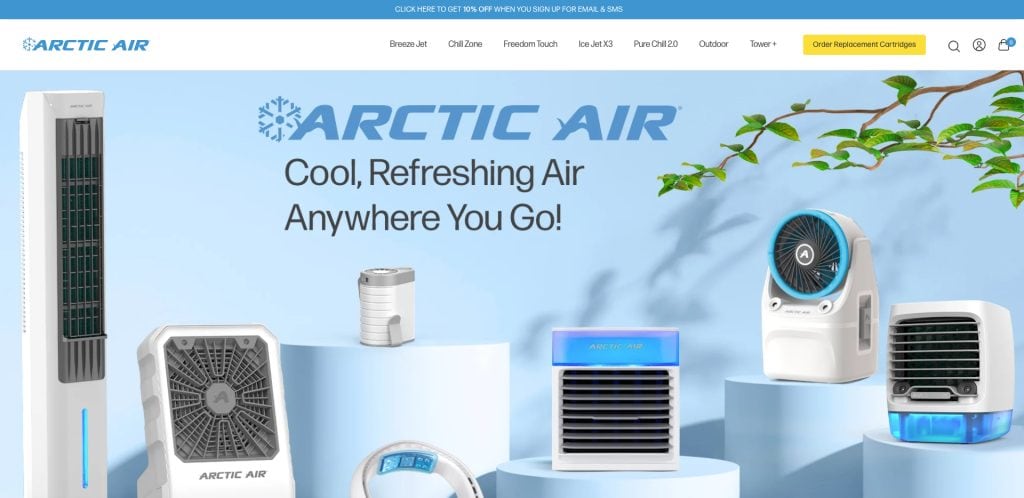 A website banner for Arctic Air displays various portable air cooling devices on blue and white platforms, with the text: Cool, Refreshing Air Anywhere You Go! and navigation links at the top.