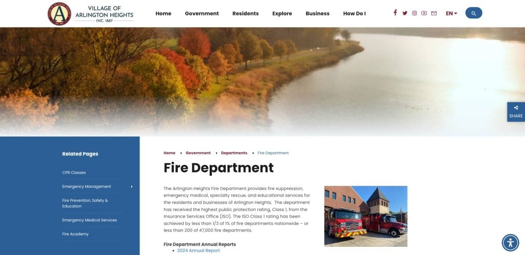 Screenshot of the Village of Arlington Heights Fire Department webpage, showing a river with autumn trees in the header and a section about fire services alongside an image of fire trucks by a brick building.