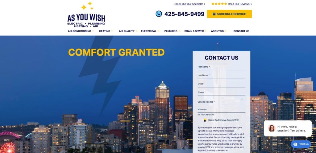 Screenshot of As You Wish Electric, Plumbing, Heating & Air website, displaying their logo, contact number, service form, and a Seattle cityscape background with the words COMFORT GRANTED in bold yellow text.