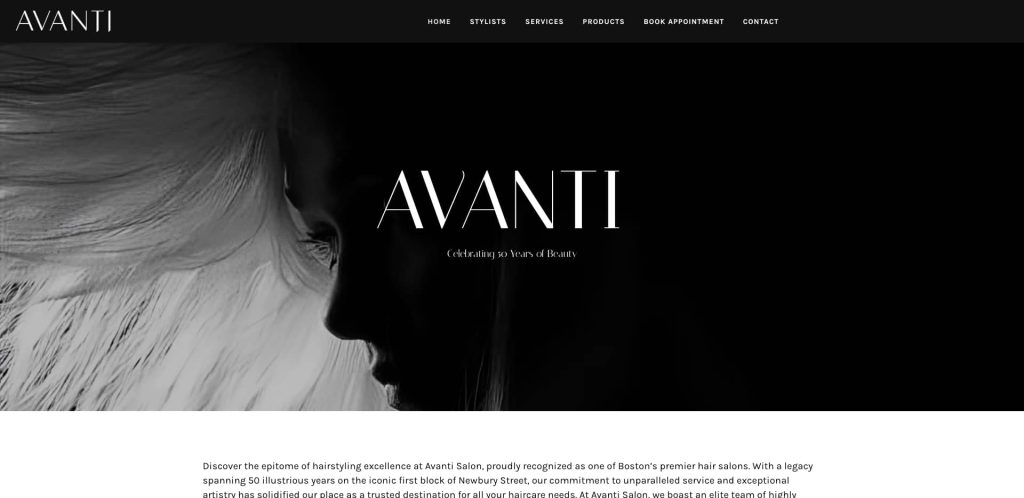 Black and white image of a womans profile with flowing hair, overlaid with the text AVANTI and Celebrating 30 Years of Beauty. Website navigation and introductory salon description are visible.