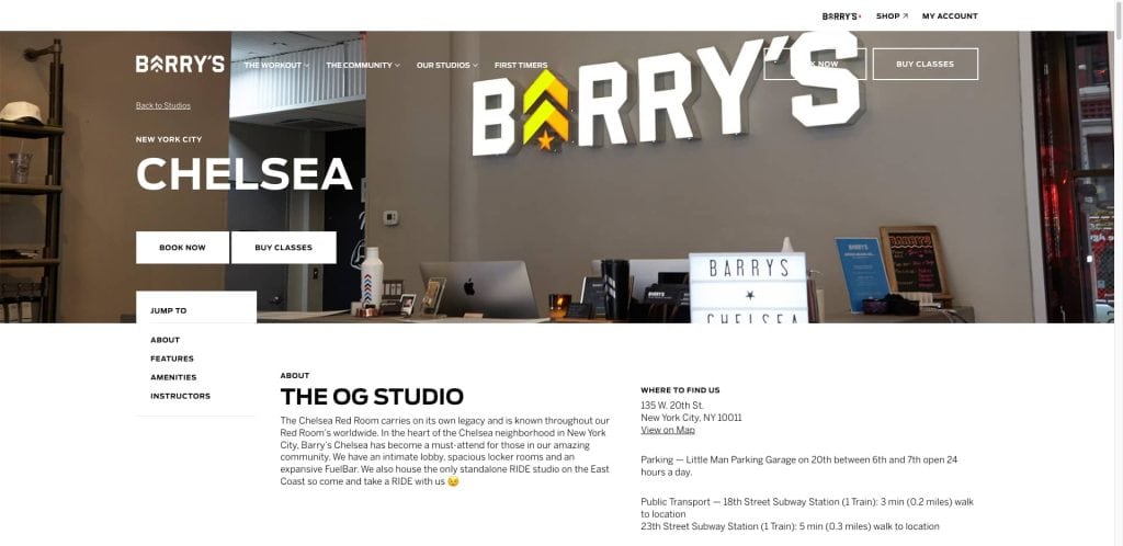 Screenshot of Barry’s website showing the Chelsea location. The page displays Barry’s logo, navigation links, and info about the studio, schedule, and location, with a photo of the front desk and sign that says “BARRY’S” in large letters.