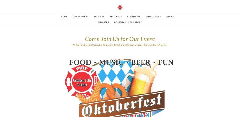 Website event page featuring a banner for Oktoberfest with images of beer, pretzels, and a fire badge. Text says Oktoberfest, invites community to join, and notes the event is on October 14th at 3:00 pm.