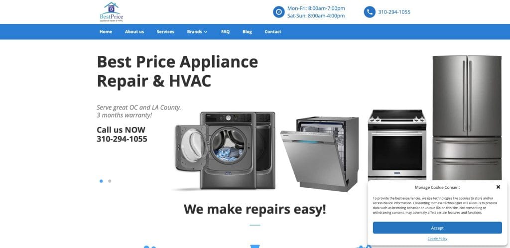 Screenshot of Best Price Appliance Repair & HVAC website homepage featuring washing machine, dryer, dishwasher, oven, and refrigerator images, with contact info, business hours, and a cookie consent pop-up.