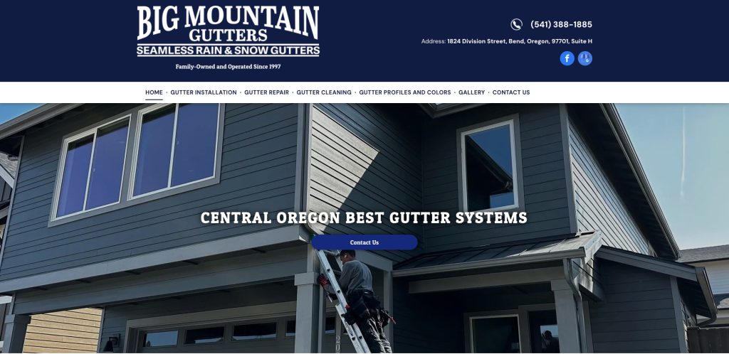 Screenshot of the Big Mountain Gutters website showing a gray two-story house, a worker on a ladder cleaning gutters, and navigation options for gutter services. The company’s contact info is visible at the top.