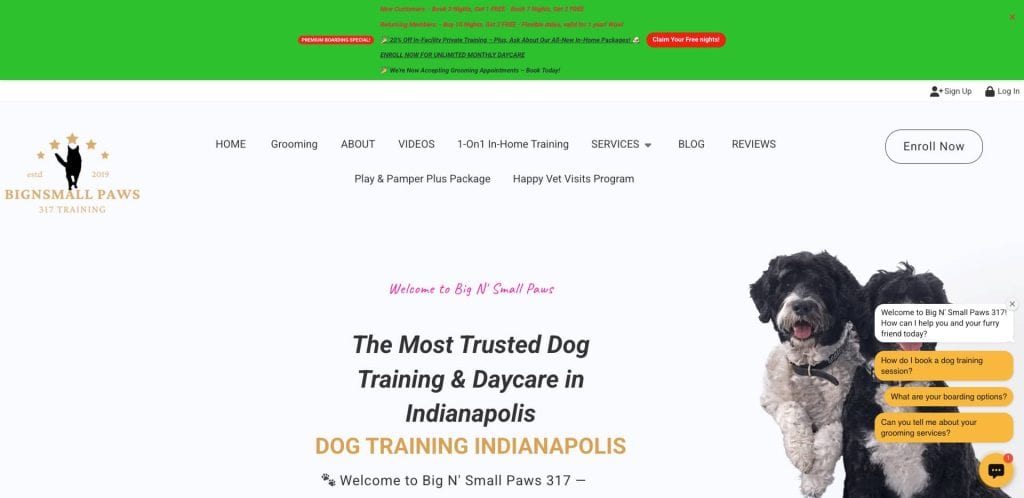 Screenshot of the Big N Small Paws dog training website, featuring a black and white dog on the right, navigation menus, and bold text claiming to be the most trusted dog training in Indianapolis.