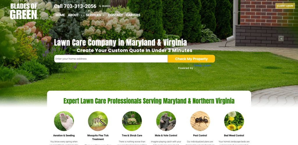 Screenshot of Blades of Greens website homepage showing a green lawn, flowering shrubs, and services offered for lawn care in Maryland and Virginia. The site features a quote form and images of services like pest and weed control.