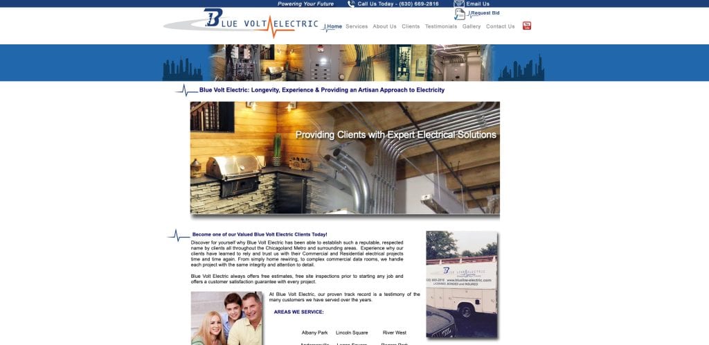 Screenshot of Blue Volt Electric’s website homepage showing the company logo, navigation menu, interior electrical work photos, a company van, and text about their electrical services and client testimonials.