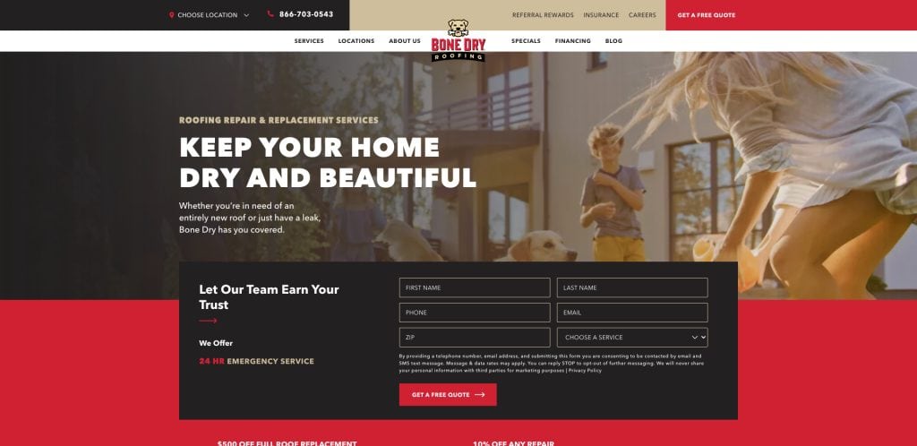 Screenshot of a roofing companys website homepage, featuring a family playing outside their home. A form to request a free quote is on the right, with text promoting roofing repair and replacement services.