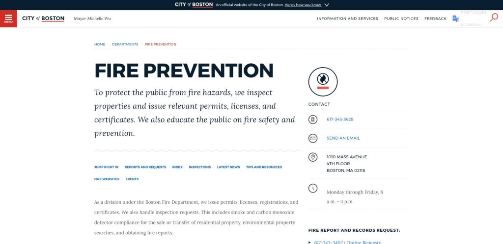 Screenshot of the City of Boston’s Fire Prevention webpage, featuring information on permits, licenses, certificates, and public education, with contact details for the Boston Fire Department on the right.
