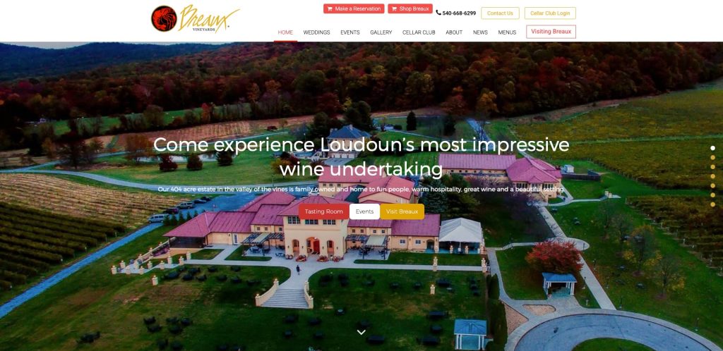 Aerial view of a large winery estate with red-roofed buildings surrounded by vineyards and trees, featuring text inviting visitors to experience Loudoun’s wine and highlighting tasting room, events, and other hospitality services.
