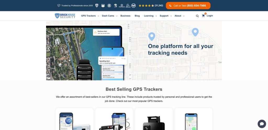 Screenshot of the BrickHouse Security website homepage showing GPS tracking solutions, a navigation bar, search bar, contact number, map with devices, and Best Selling GPS Trackers section displaying product images.