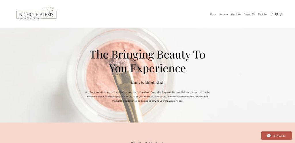 Screenshot of the Nichole Alexis beauty website homepage, featuring a powder makeup product with a brush and the headline The Bringing Beauty To You Experience overlaid on the image. A Lets Chat! button appears bottom right.