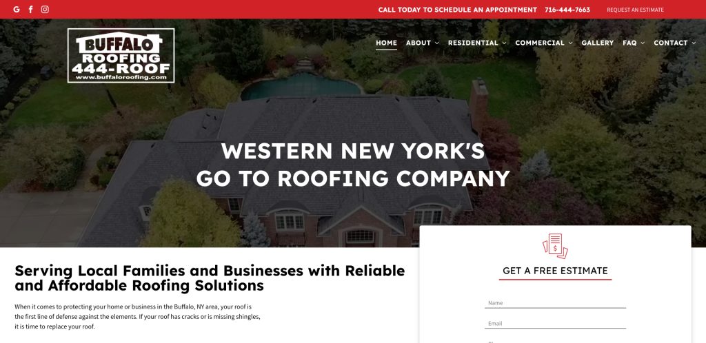 A website homepage for Buffalo Roofing features a birds-eye view of a house with a large roof, the company logo, contact info, navigation menu, and a form for free estimates. The headline states, Western New York’s Go To Roofing Company.