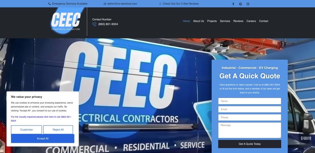 Homepage of CEEC Electrical Contractors showing a blue van with the company logo, a website pop-up about cookie preferences, and a form on the right to request an EV charging quote.