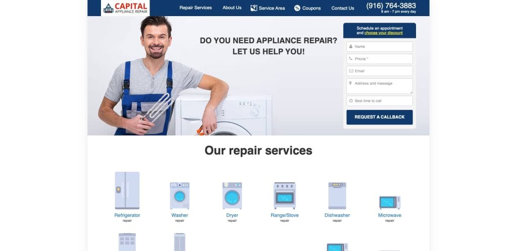 A smiling repairman with a toolbox stands beside a washing machine. The webpage offers appliance repair services, a contact form, phone number, and icons for refrigerator, washer, dryer, range/stove, dishwasher, and microwave repair.