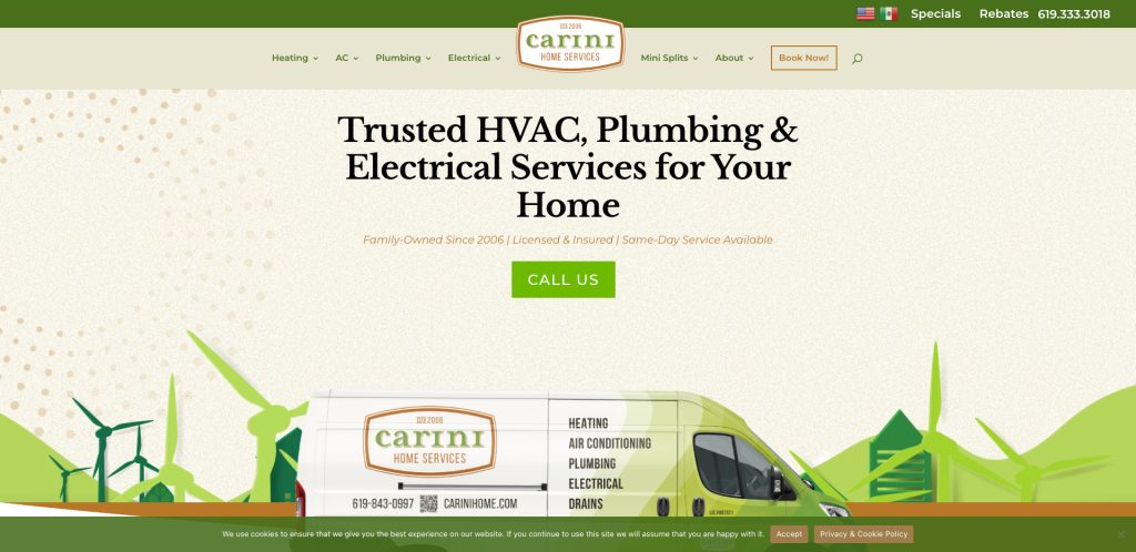 Homepage of Carini Home Services website, featuring a banner with the text “Trusted HVAC, Plumbing & Electrical Services for Your Home” and an illustration of a service van surrounded by green wind turbines and leaves.