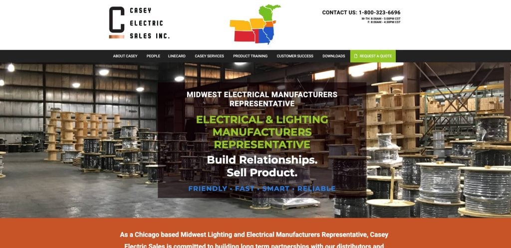 Warehouse interior with shelves and large spools of wire. The Casey Electric Sales Inc. website header displays their logo, contact info, navigation menu, and green Request a Quote button, with text promoting their services.