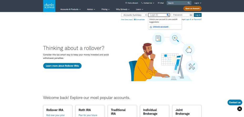 A person with a beard sits at a desk using a desktop computer on the Charles Schwab website, with icons representing finance around them. The page promotes IRA rollovers and features account options and navigation menus.