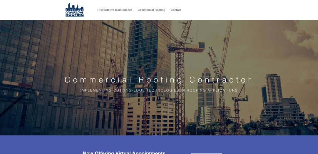 A city skyline with high-rise buildings and multiple construction cranes, overlaid with text advertising a commercial roofing contractor and navigation links at the top.