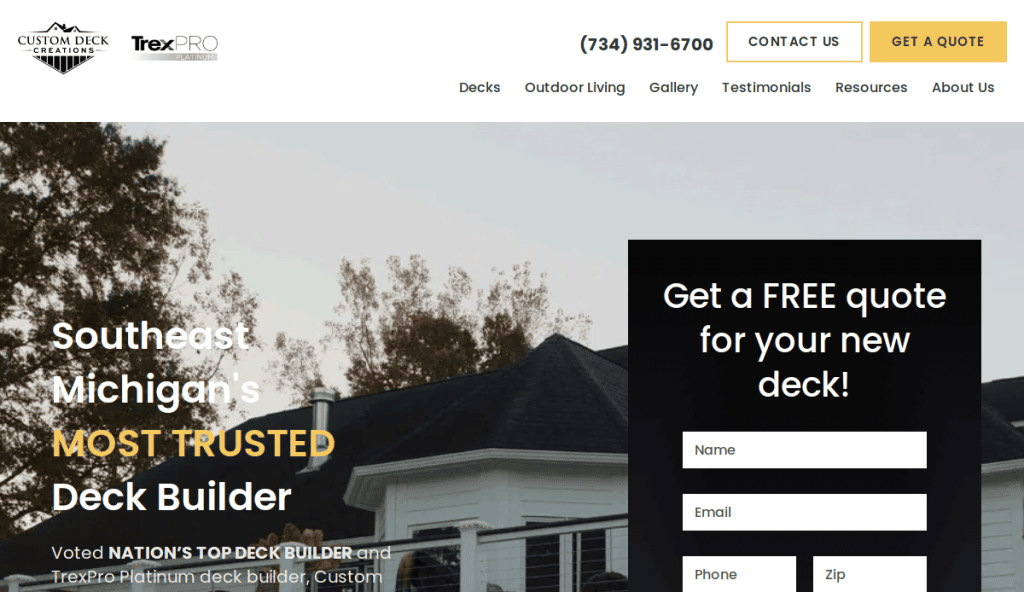 Screenshot of a deck builder’s website with a form offering a free quote, contact buttons, and a banner stating “Southeast Michigan’s Most Trusted Deck Builder” over an image of a house with a deck.