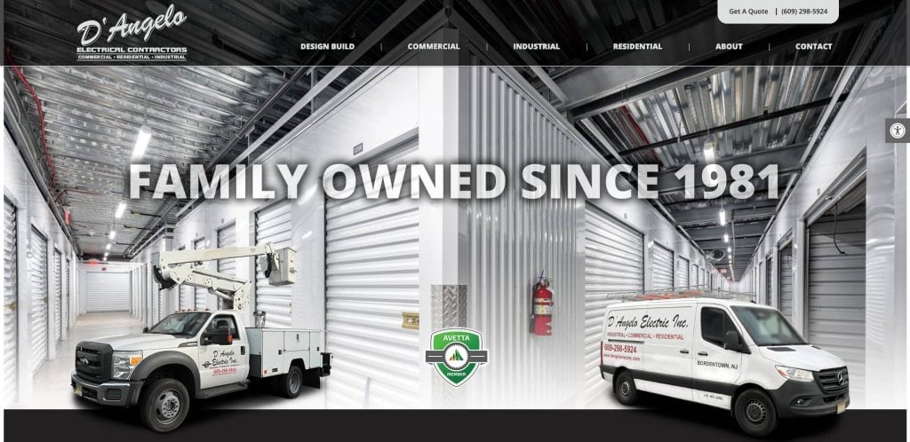 A warehouse with metal storage units, a white utility truck, and a white D’Angelo Electric van. Large text reads “FAMILY OWNED SINCE 1981.” Navigation menu is at the top with contact information.