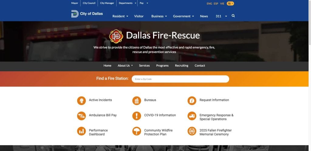 Screenshot of the Dallas Fire-Rescue website featuring navigation menus, a search bar to find fire stations, and orange icons linking to services like incidents, ambulance bill pay, COVID-19 info, and emergency response.