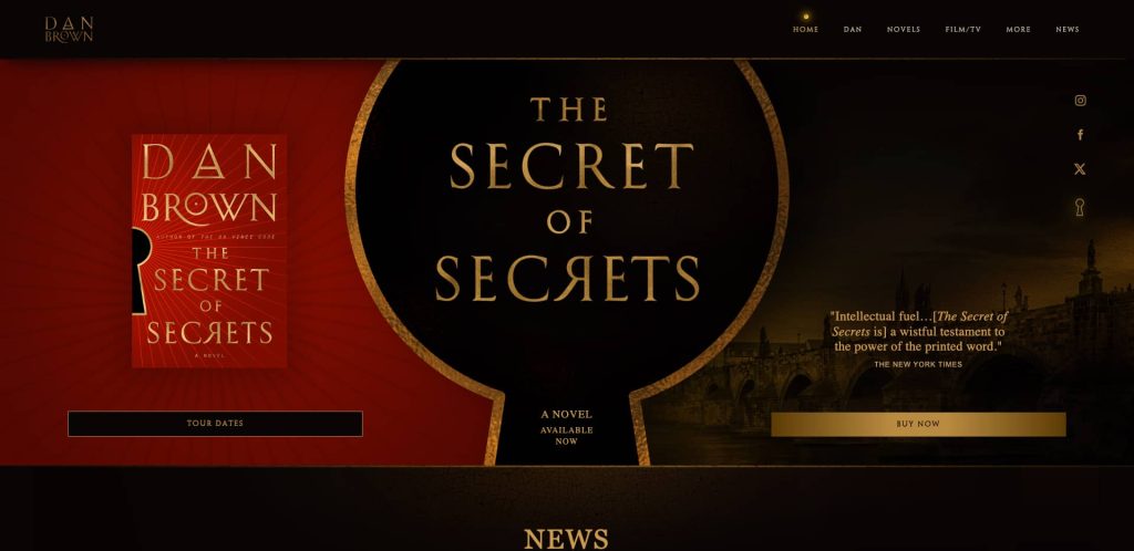 A website homepage features Dan Brown’s novel The Secret of Secrets. The book cover, tour dates button, and a “Buy Now” button are displayed, with gold text on a dark background. Social media icons are on the right.
