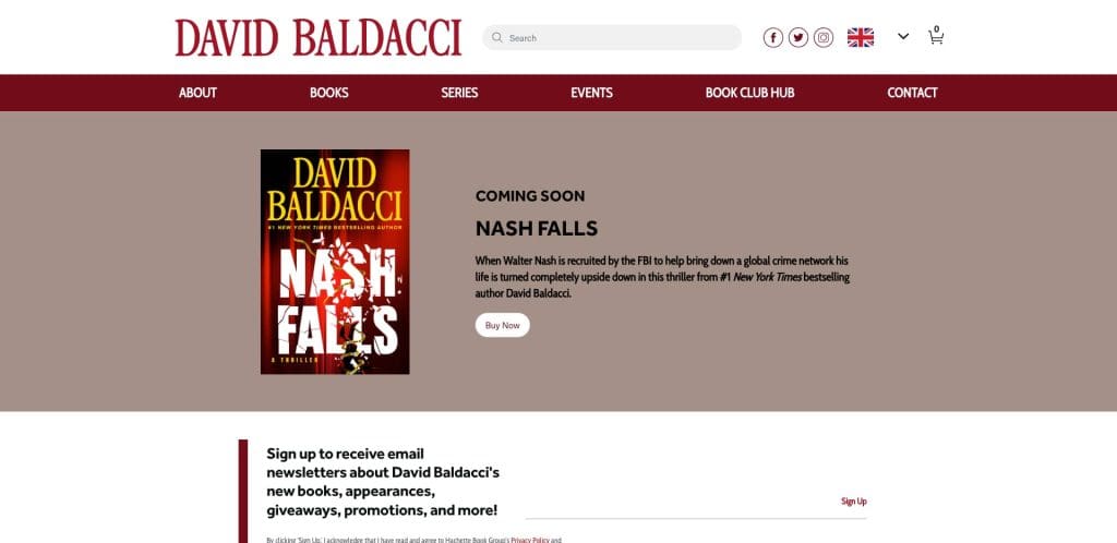 Screenshot of David Baldacci’s website featuring the cover of his upcoming book Nash Falls and a summary about FBI agent Walter Nashs new thriller. The site menu and a newsletter sign-up section are visible.