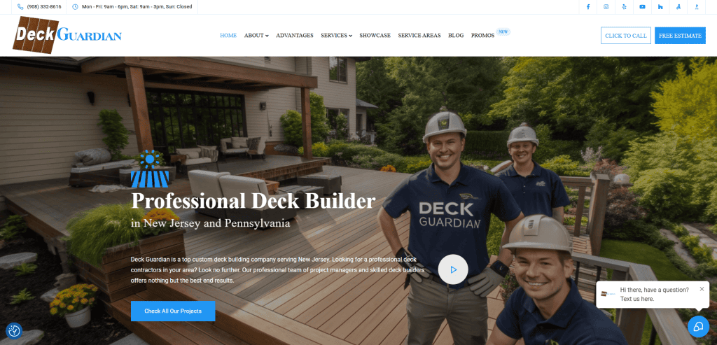 A group of smiling construction workers in hard hats stand on a wooden deck outside a house, with greenery in the background. A banner reads Professional Deck Builder in New Jersey and Pennsylvania.