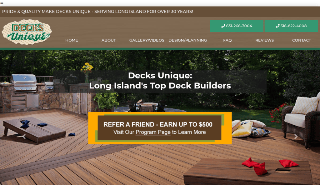 Screenshot of the Decks Unique website, showing a wooden deck with outdoor furniture, contact numbers, and a banner reading Refer a Friend - Earn Up to $500. The logo and navigation menu are at the top.