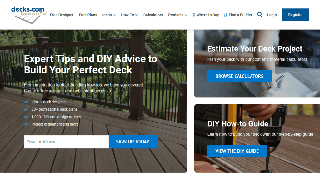 Screenshot of the Decks.com homepage featuring resources to help users plan and build decks, including expert tips, cost calculators, a DIY guide, and a sign-up form for advice and articles.