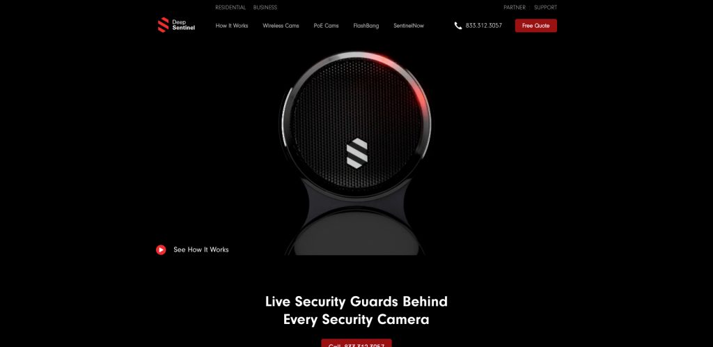 A round black security device with a mesh front and a white logo is highlighted against a dark background. Text below reads, “Live Security Guards Behind Every Security Camera.”.