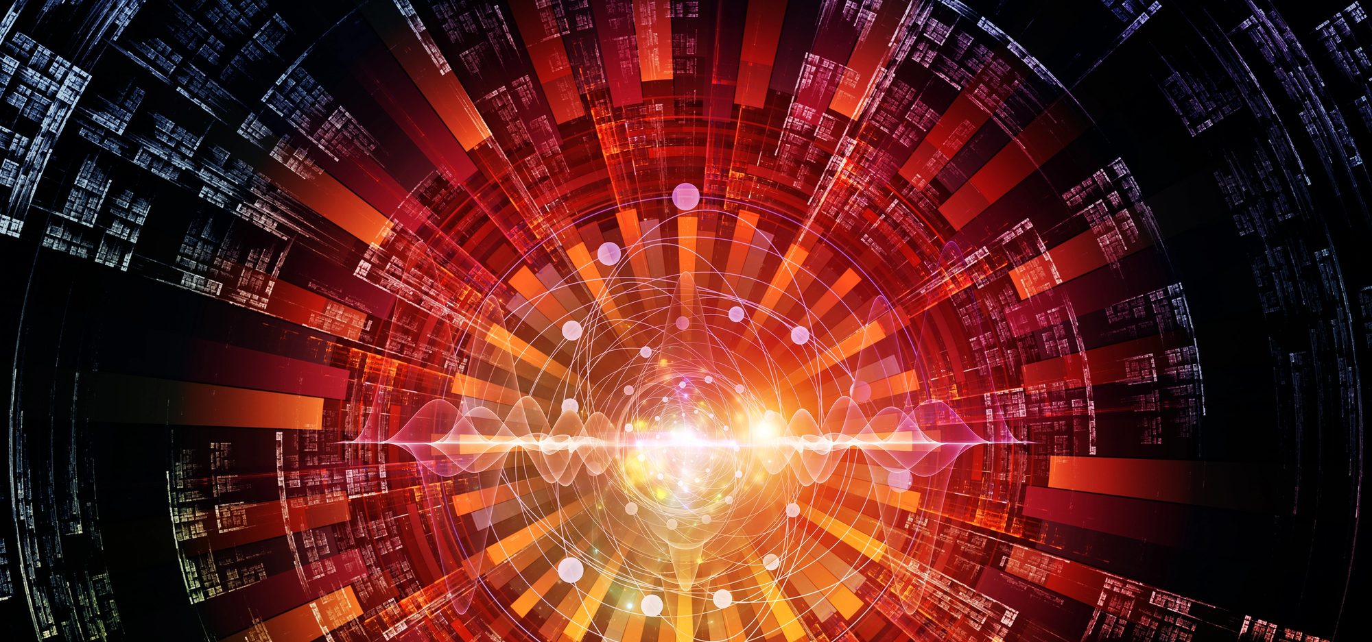 A vibrant, abstract digital artwork featuring concentric circles and radial lines in fiery tones, with bright light at the center—evoking a burst of energy or data, much like a seamless Sitecore to WordPress Migration radiating outward.