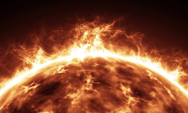 A close-up view of the sun with bright, fiery solar flares and intense glowing plasma erupting from its surface, symbolizing the power and energy of a seamless HubSpot to WordPress migration against a dark background.
